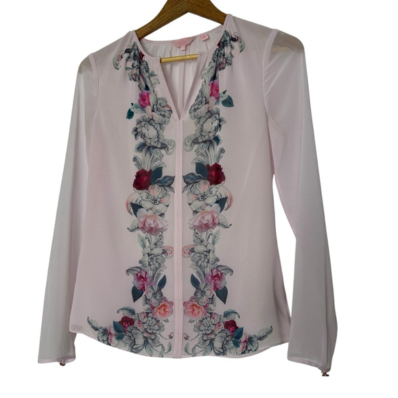 Ted Baker Women's Blouse Size 0 Floral Pink Chiffon Long Sleeve Top Chic - Picture 8 of 9